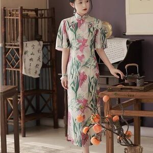 Floral Pink and Green Cheongsam Dress